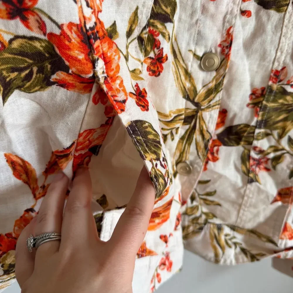 Joie 100% Linen Cream Orange Floral Button Down Collared Jacket Womens XL - Picture 5 of 6
